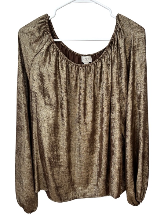 LOFT Tops - LOFT Metallic Crinkle Top Womens XL Gold Bronze Pleated Balloon Sleeve Going Out
